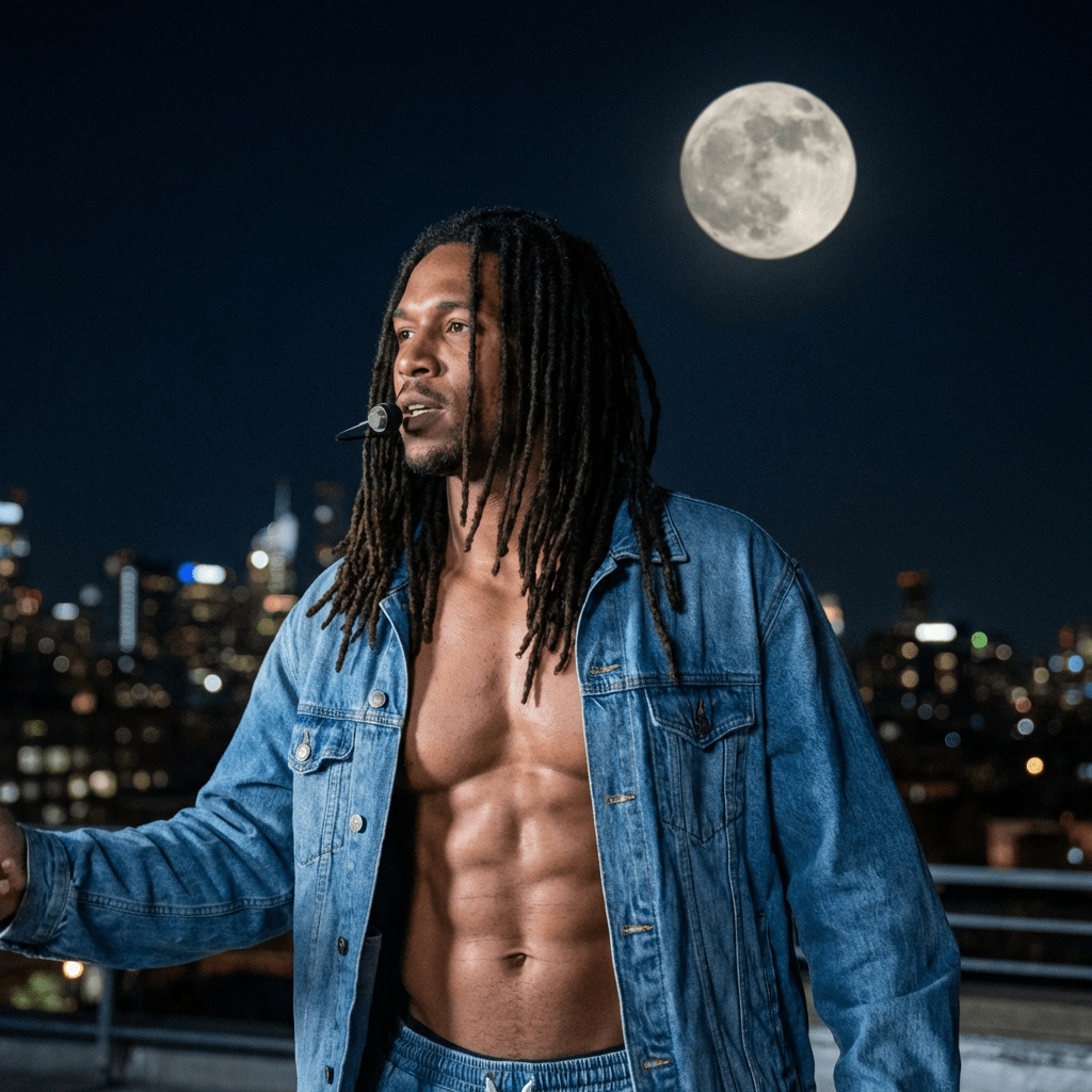 Man with dreadlocks wearing an open jacket and headset microphone on a rooftop at night.